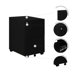 Archivero Movil vertical metálico 2 cajones + 1 gaveta carta Sarre negro